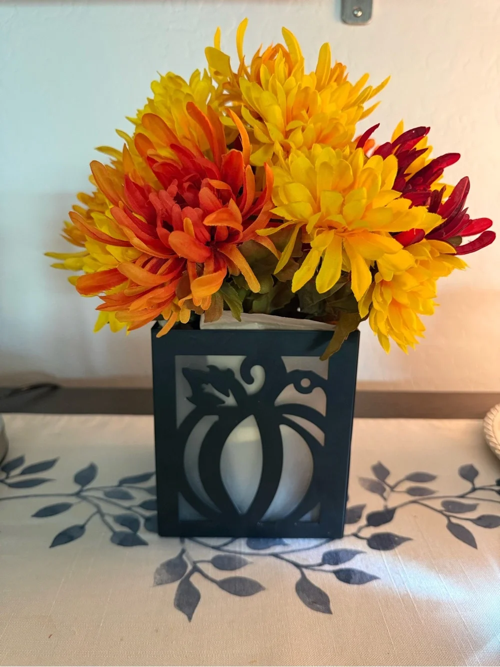 Autumn Cottagecore Artificial Floral Arrangement in Frosted Glass and Metal Box